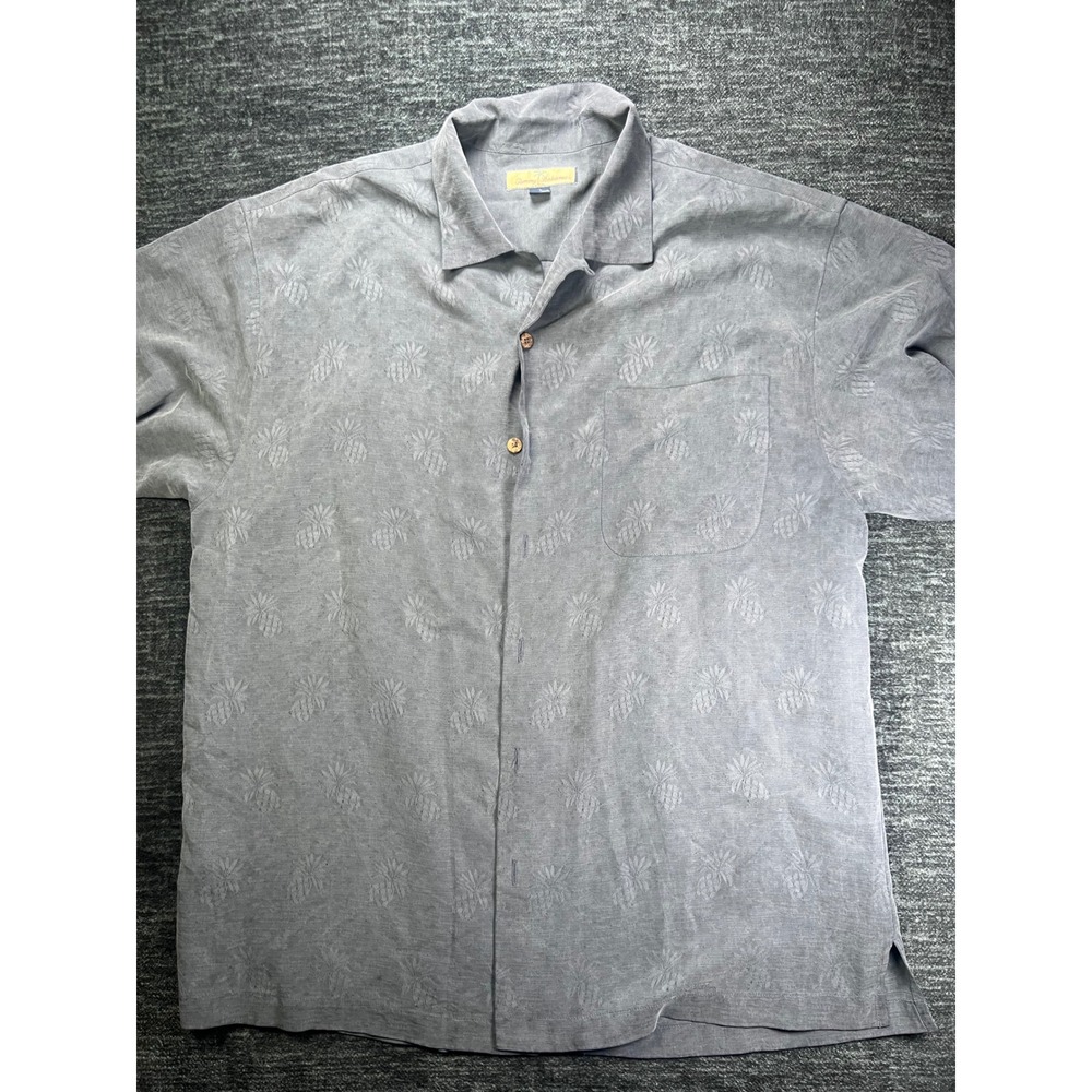 Tommy Bahama Camp Shirt Mens L Gray 100% Silk Pineapple Jacquard Back Graphic